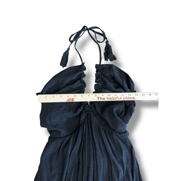Entro Black Tassel Halter Ruched Maxi Dress L Crinkle Gauze, Lined, Style D16680 - Picture 3 of 10
